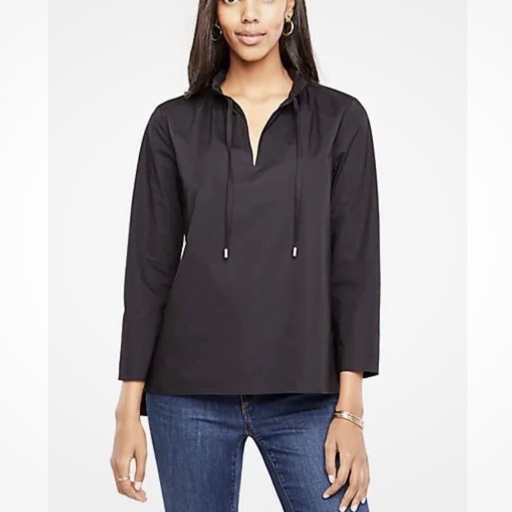 NEW Ann Taylor Black Poplin Tie Neck Blouse Classic Business Minimalist XXS Pet. - Picture 5 of 10